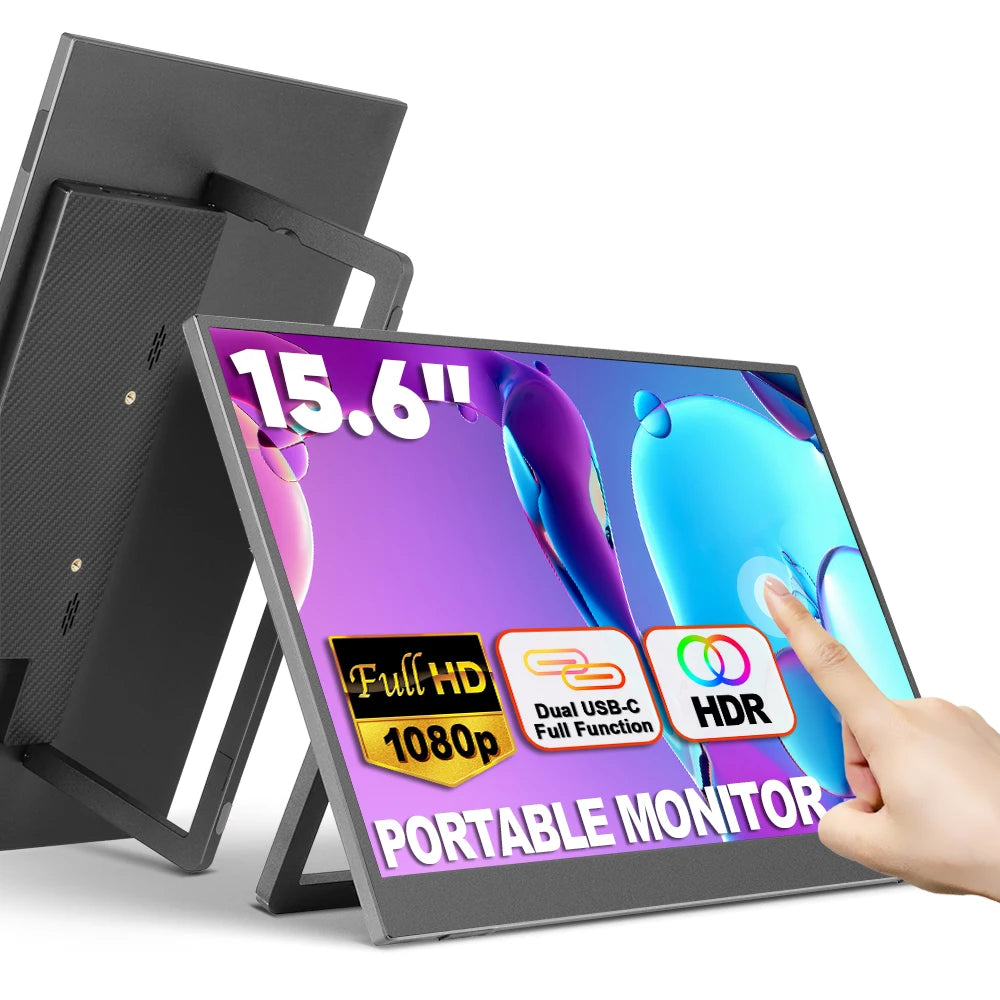 SIBOLAN Monitor touchscreen portatile 15.6 pollici FHD IPS con doppio collegamento USB e supporto integrato per laptop e PC