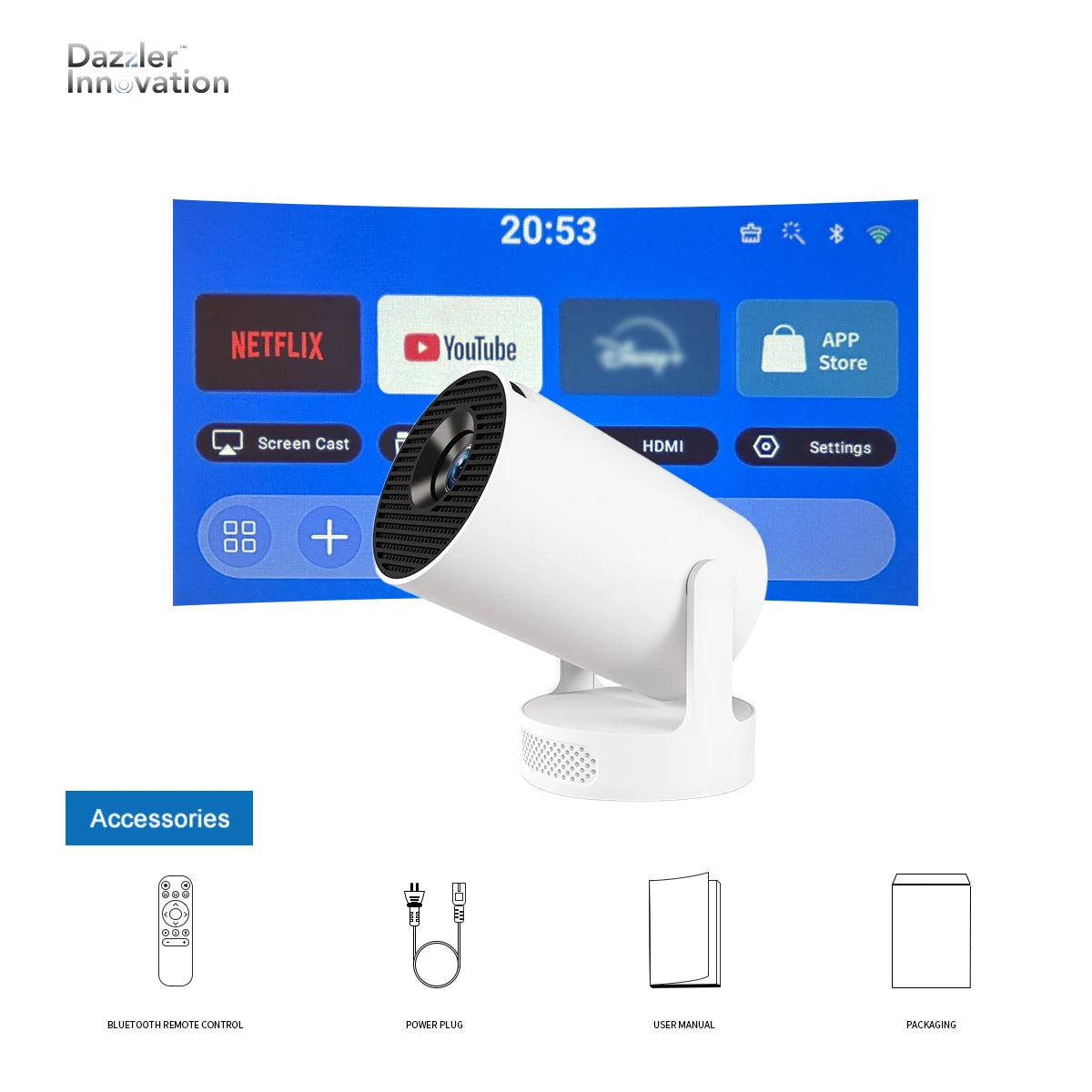 Dazzler HY300 Ultra mini proiettore 4K Ultra HD portatile per home theater con WiFi e Bluetooth intelligenti, ideale per uso interno ed esterno