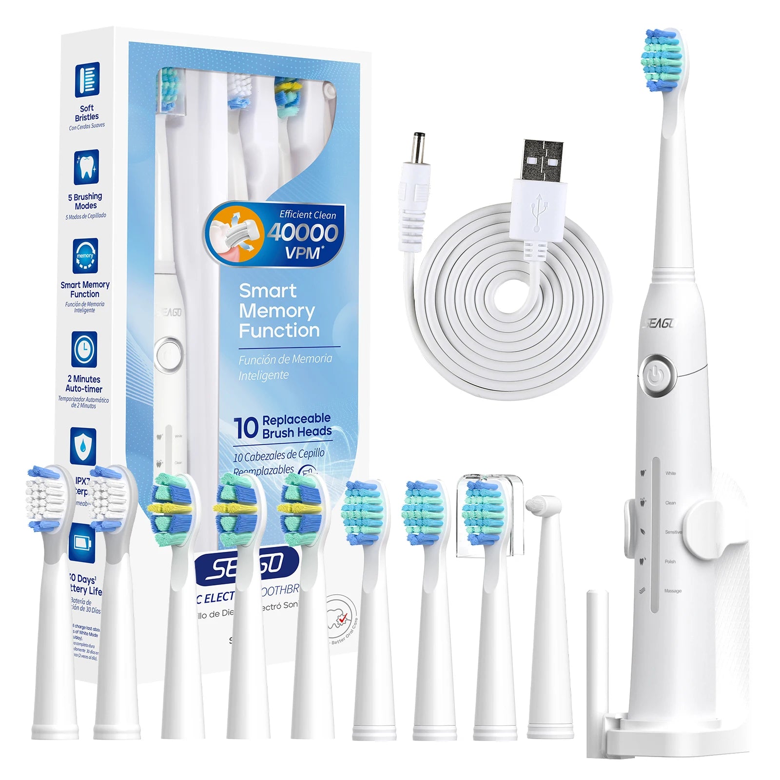 SEAGO Spazzolino Elettrico Sonico – 10 Testine di Ricambio, Ricaricabile tramite USB, Pulizia Profonda dei Denti