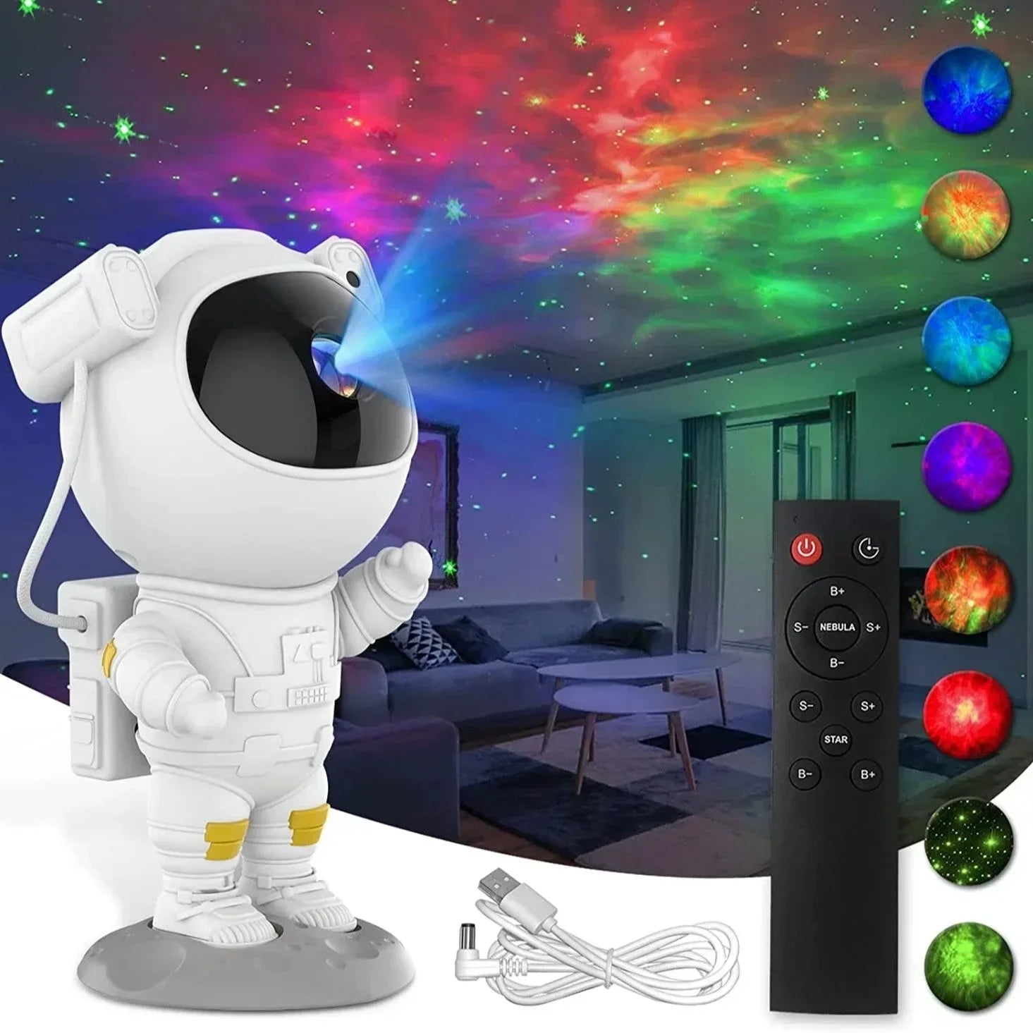 Lampada Spaceman - Proiettore di luce notturna a sette colori con 8 effetti nebulosa, proiezione di stelle con telecomando per uso interno in camera da letto