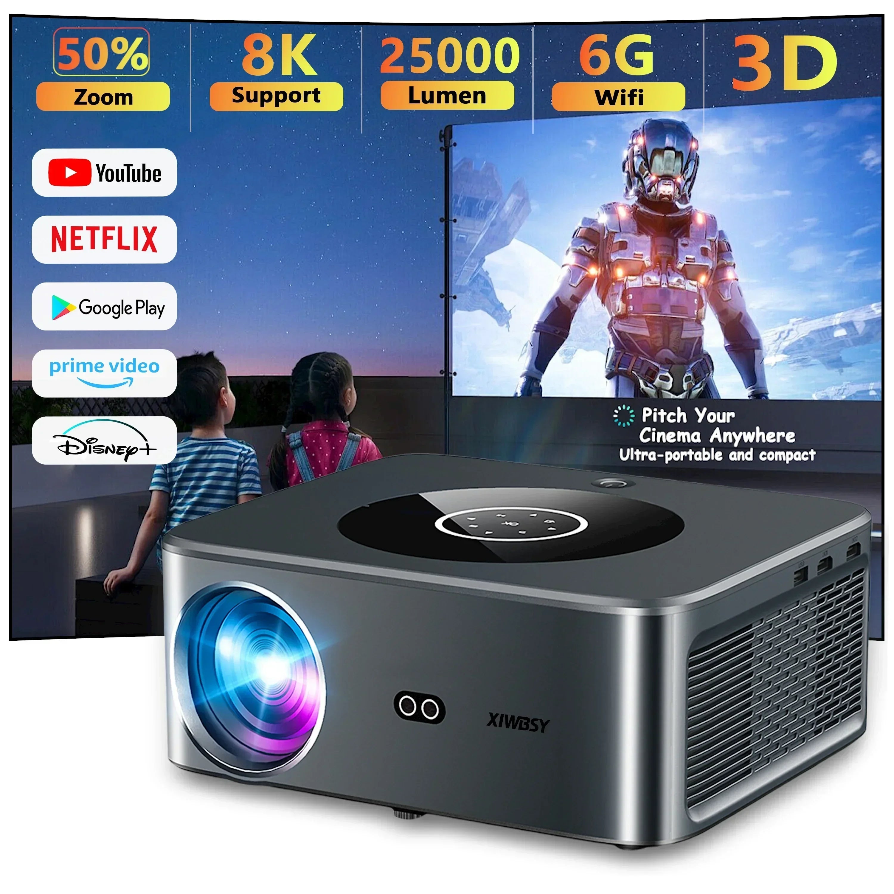Proiettore XIWBSY – LED Android 4K, 800 ANSI, 25.000 lumen, WiFi 6 e Bluetooth, messa a fuoco automatica e Keystone, sistema video home theater