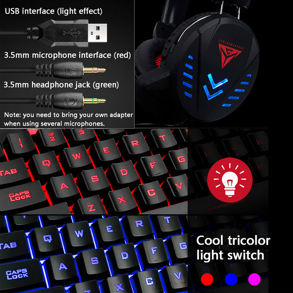 Set combinato da gioco: tastiera, mouse e cuffie luminose cablate USB per PC desktop