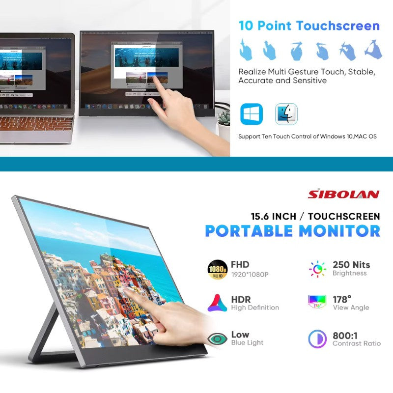 SIBOLAN Monitor touchscreen portatile 15.6 pollici FHD IPS con doppio collegamento USB e supporto integrato per laptop e PC
