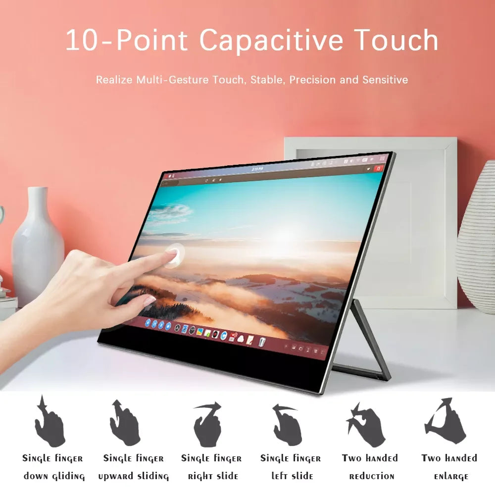 SIBOLAN Monitor touchscreen portatile 15.6 pollici FHD IPS con doppio collegamento USB e supporto integrato per laptop e PC