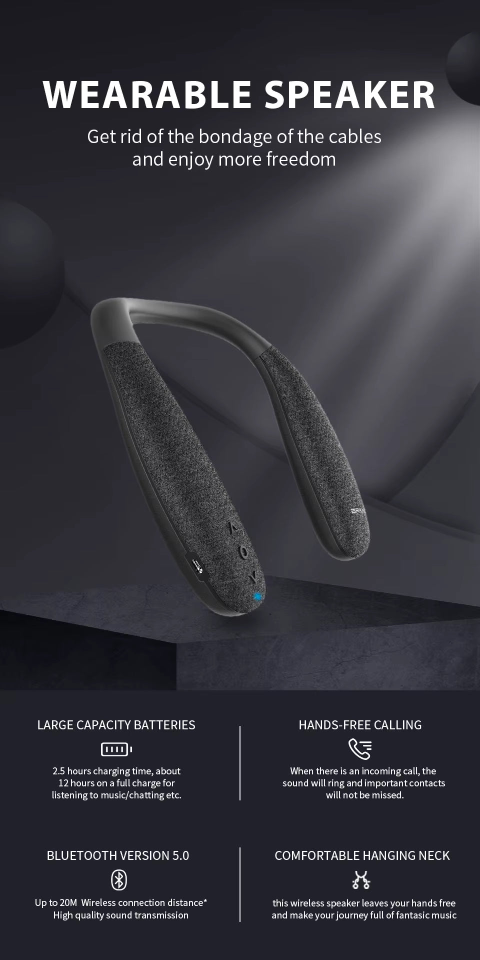 Wearable Stereo Sound AptX High Fidelity 3D Audio with Low Latency, Built-in Mic, IPX5 Waterproof for Home and Outdoor