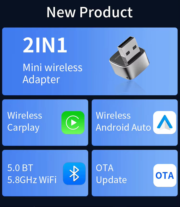 Mini Wireless Adapter, Small USB CarPlay and Android Auto Dongle ODM Converter for Apple iOS and Android Devices