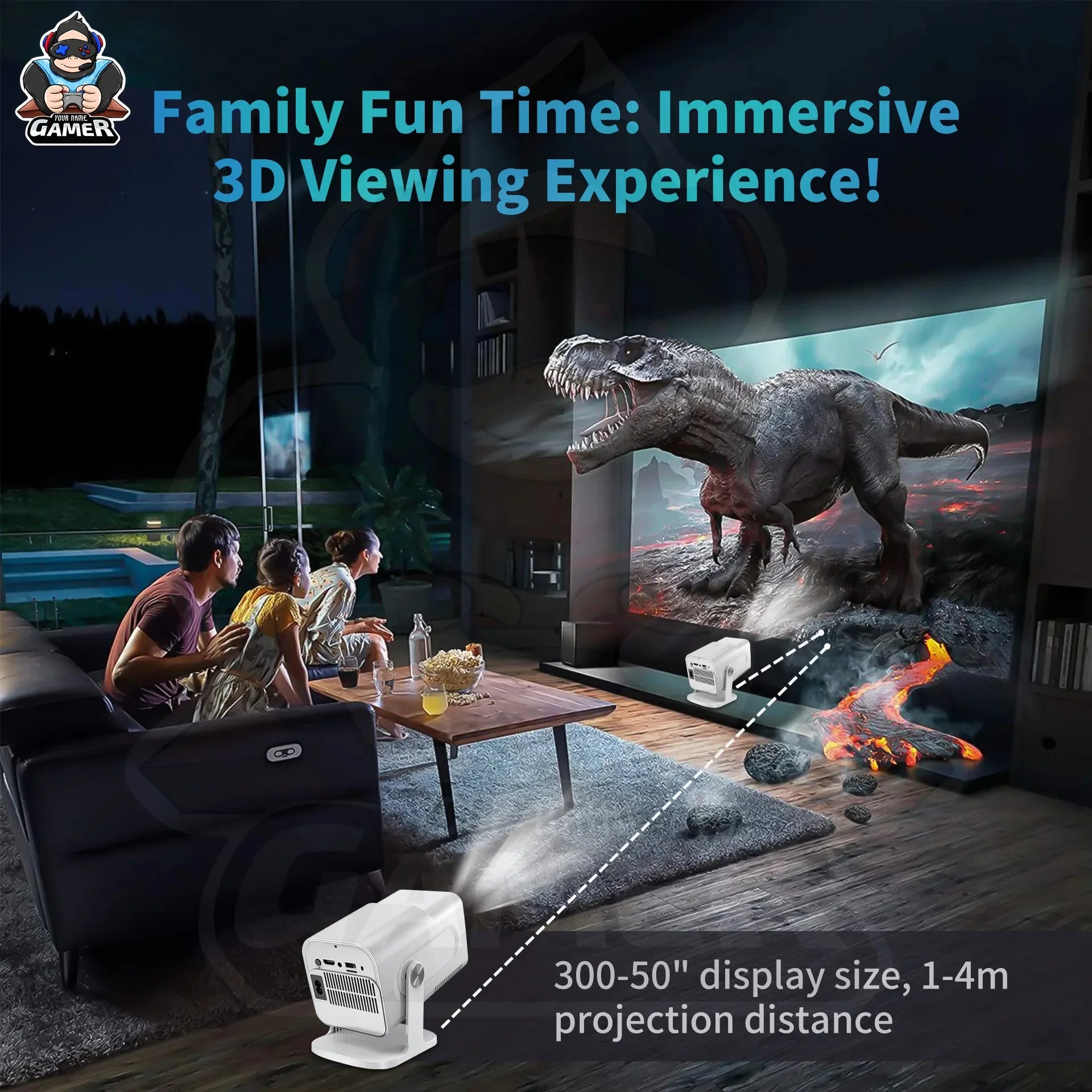 Game Projector 4K YDH-HCS350 Pro 2025 Android 11, 1000 Lumens, 150 Inch Display, BT5.0, Auto Zoom, 2G RAM Portable Projector