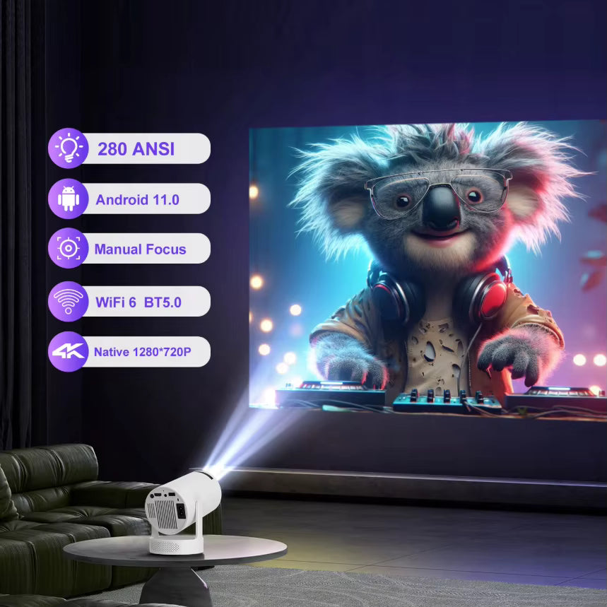 Dazzler HY300 Ultra mini proiettore 4K Ultra HD portatile per home theater con WiFi e Bluetooth intelligenti, ideale per uso interno ed esterno