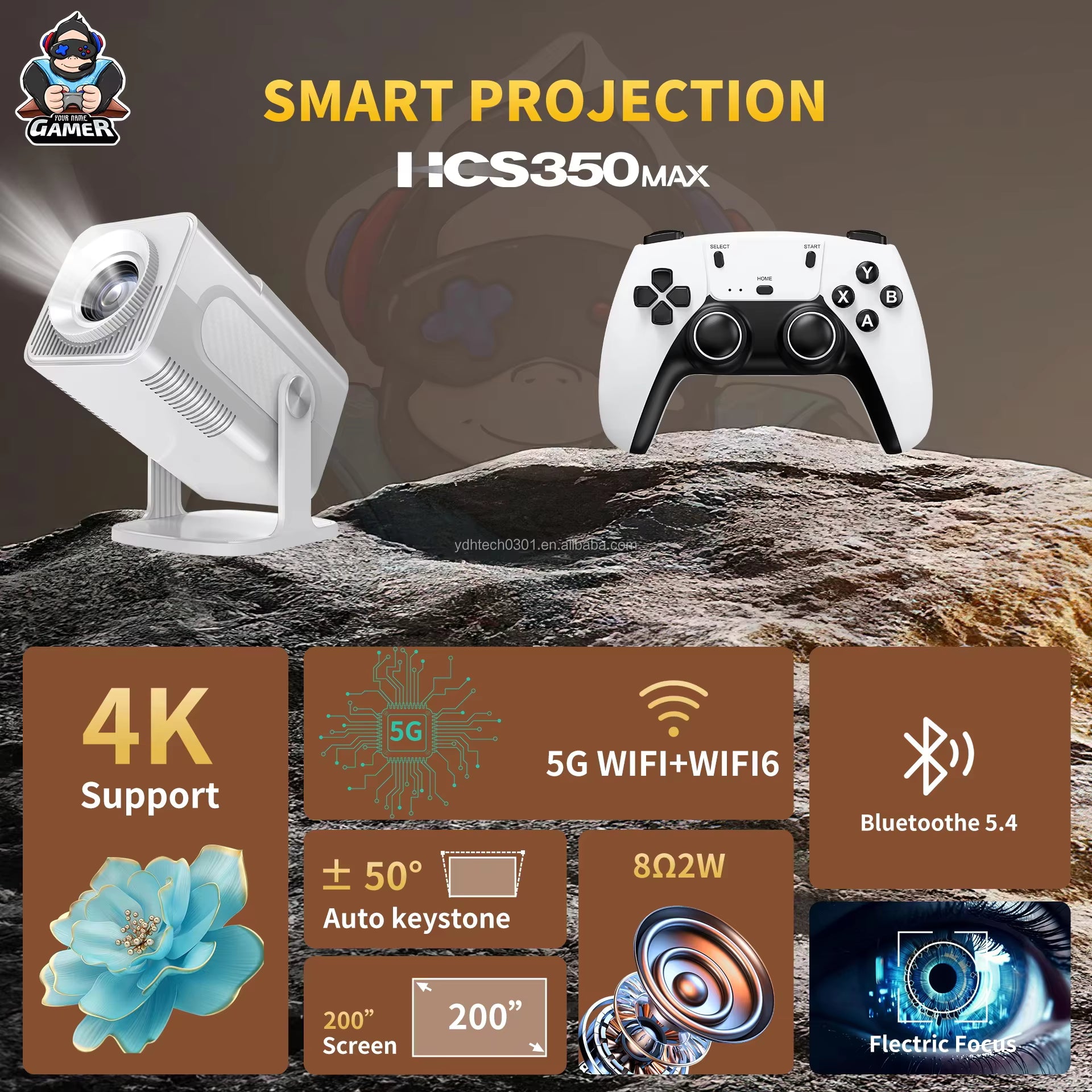 Game Projector 4K YDH-HCS350 Pro 2025 Android 11, 1000 Lumens, 150 Inch Display, BT5.0, Auto Zoom, 2G RAM Portable Projector