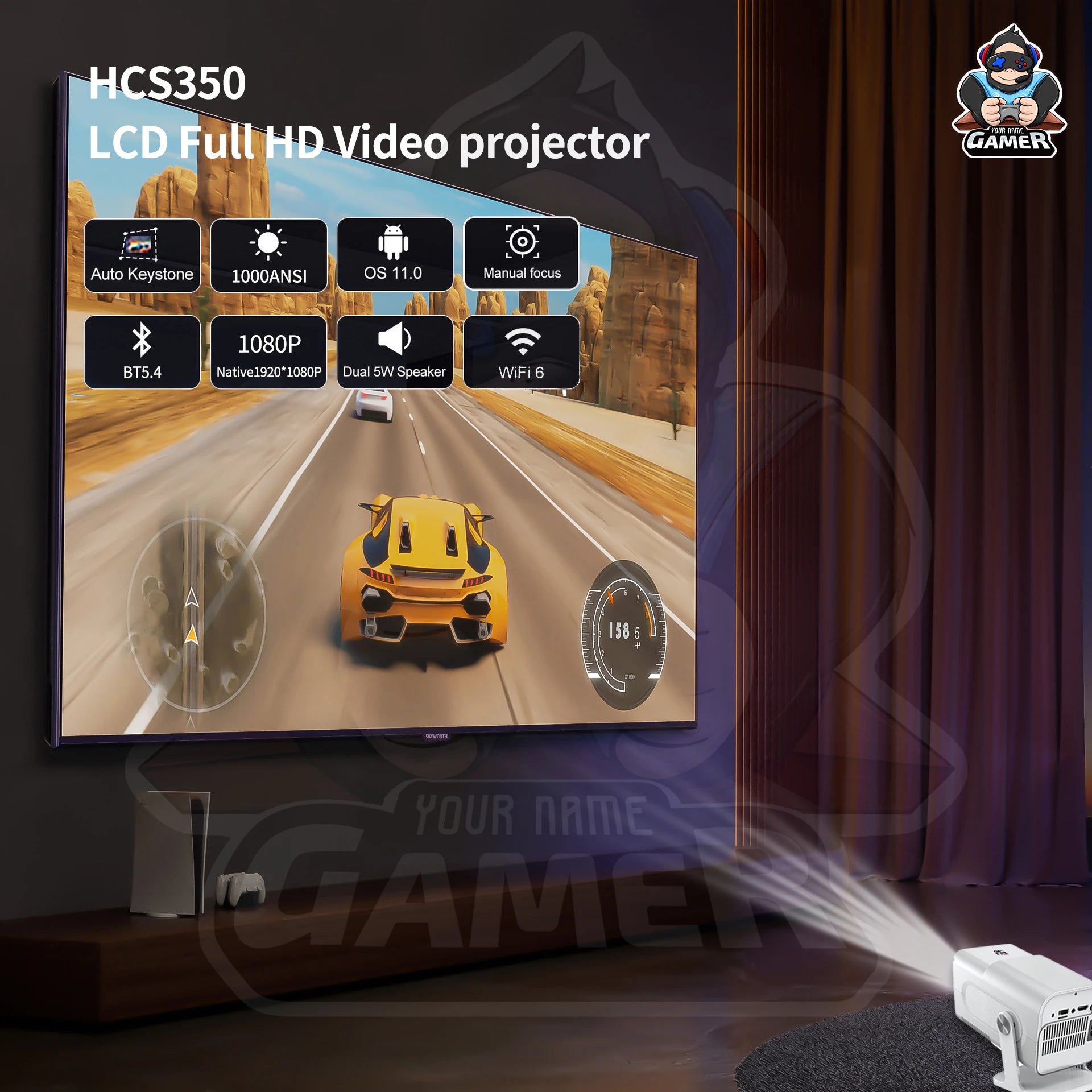 Game Projector 4K YDH-HCS350 Pro 2025 Android 11, 1000 Lumens, 150 Inch Display, BT5.0, Auto Zoom, 2G RAM Portable Projector