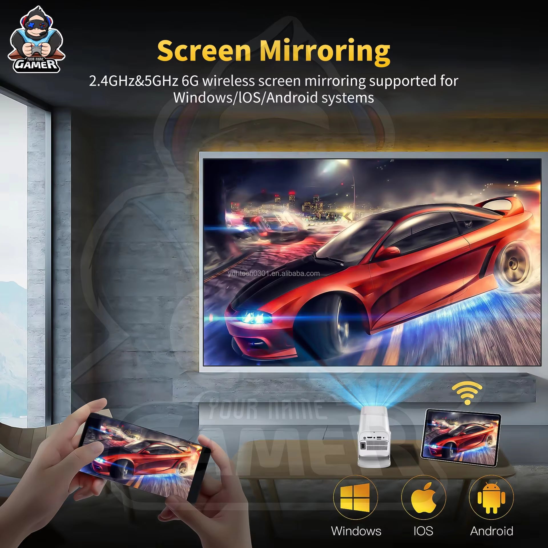 Game Projector 4K YDH-HCS350 Pro 2025 Android 11, 1000 Lumens, 150 Inch Display, BT5.0, Auto Zoom, 2G RAM Portable Projector