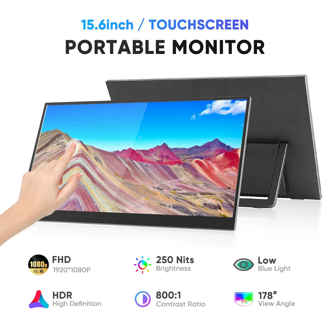 SIBOLAN Portable touchscreen monitor 15.6 inch FHD IPS display with USB dual extender and integrated kickstand for laptop and PC