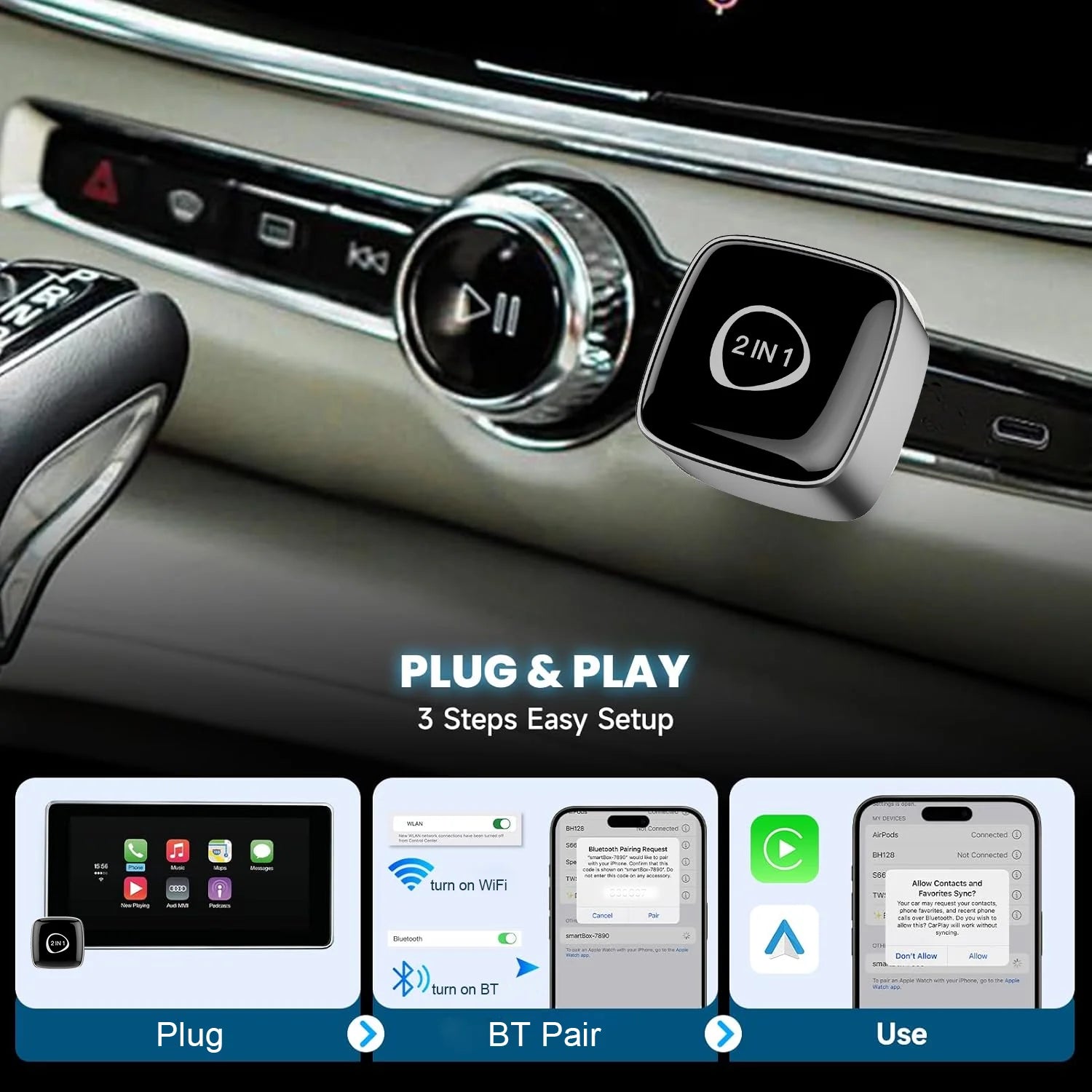 Mini Wireless Adapter, Small USB CarPlay and Android Auto Dongle ODM Converter for Apple iOS and Android Devices