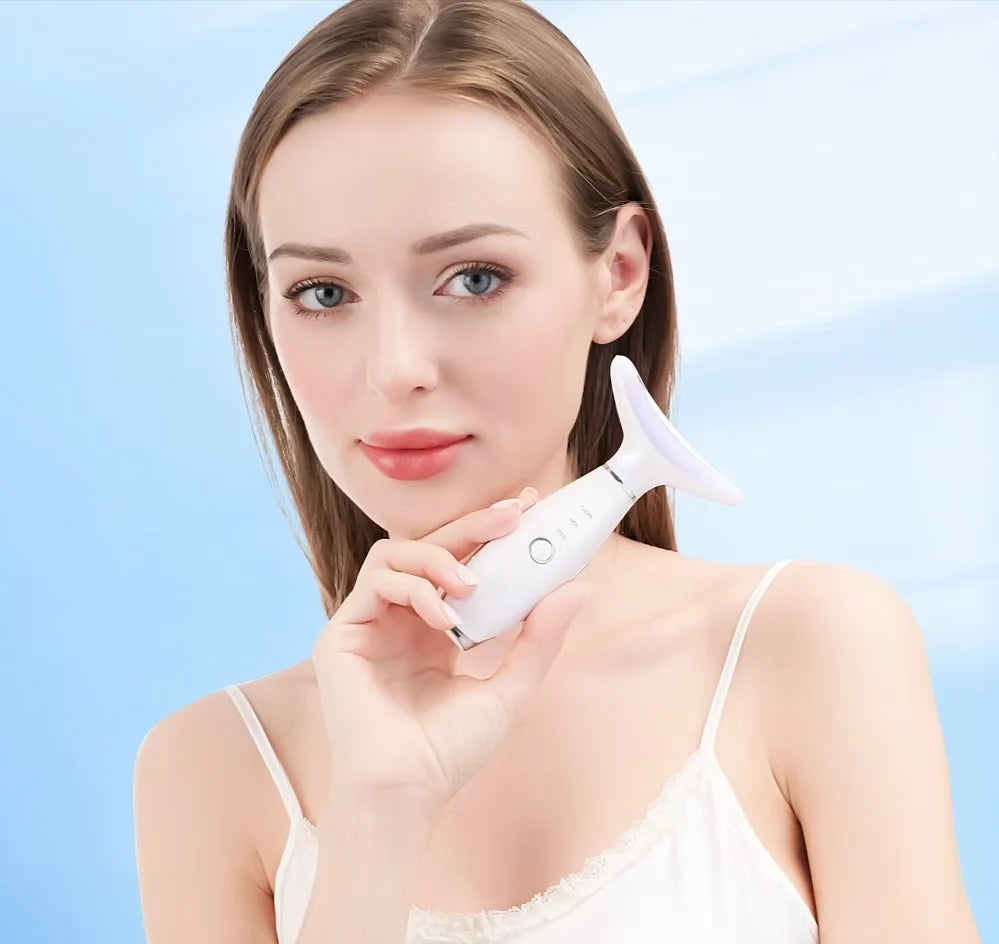 Massaggiatore 3-in-1 per Collo e Viso con Terapia a Luce LED - Ringiovanimento della Pelle, Rassodamento e Lifting