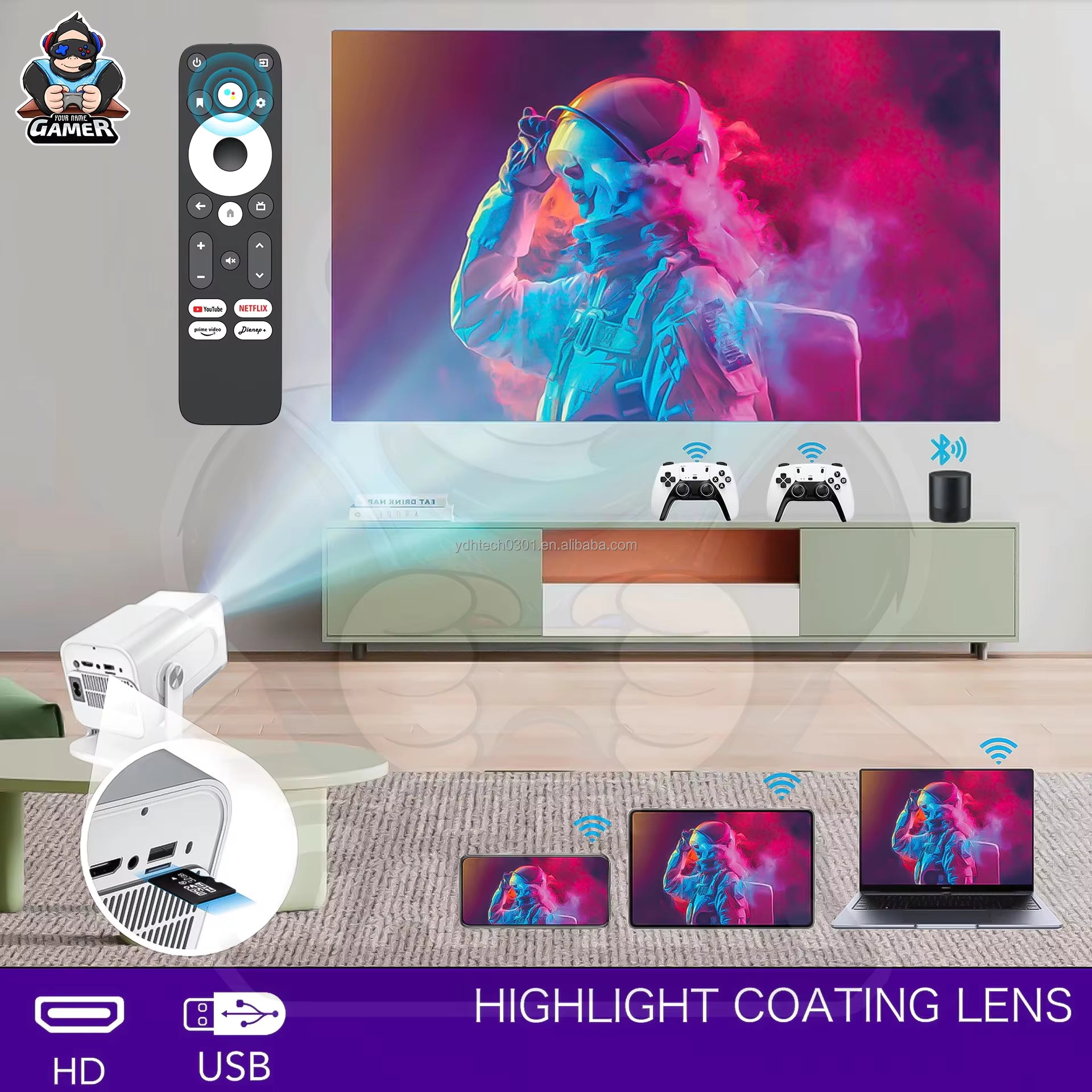 Game Projector 4K YDH-HCS350 Pro 2025 Android 11, 1000 Lumens, 150 Inch Display, BT5.0, Auto Zoom, 2G RAM Portable Projector