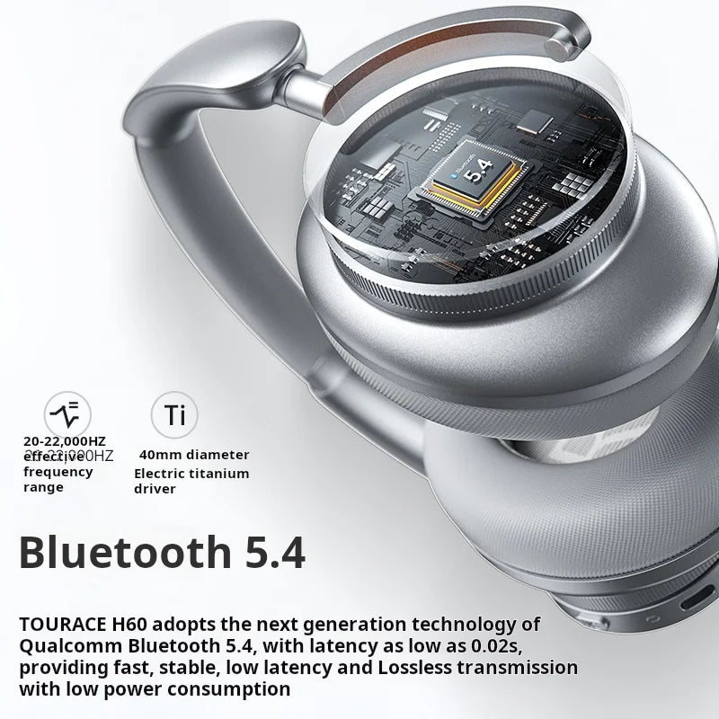 TOURACE H60 Headphones Active Noise Cancelling Wireless Earphones with LED, Metallic Finish, Sweatproof Sports Design and Long Battery Life