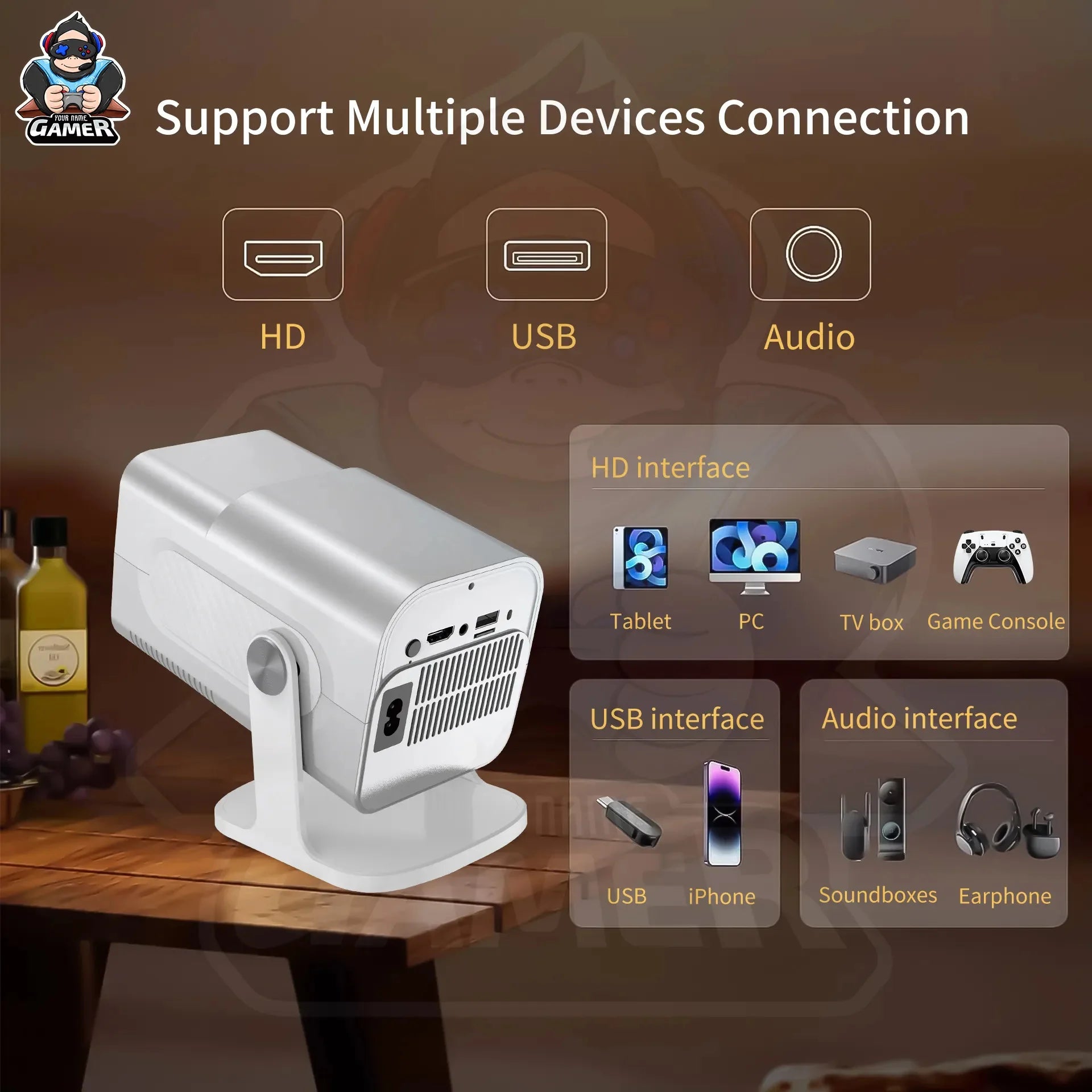 Game Projector 4K YDH-HCS350 Pro 2025 Android 11, 1000 Lumens, 150 Inch Display, BT5.0, Auto Zoom, 2G RAM Portable Projector