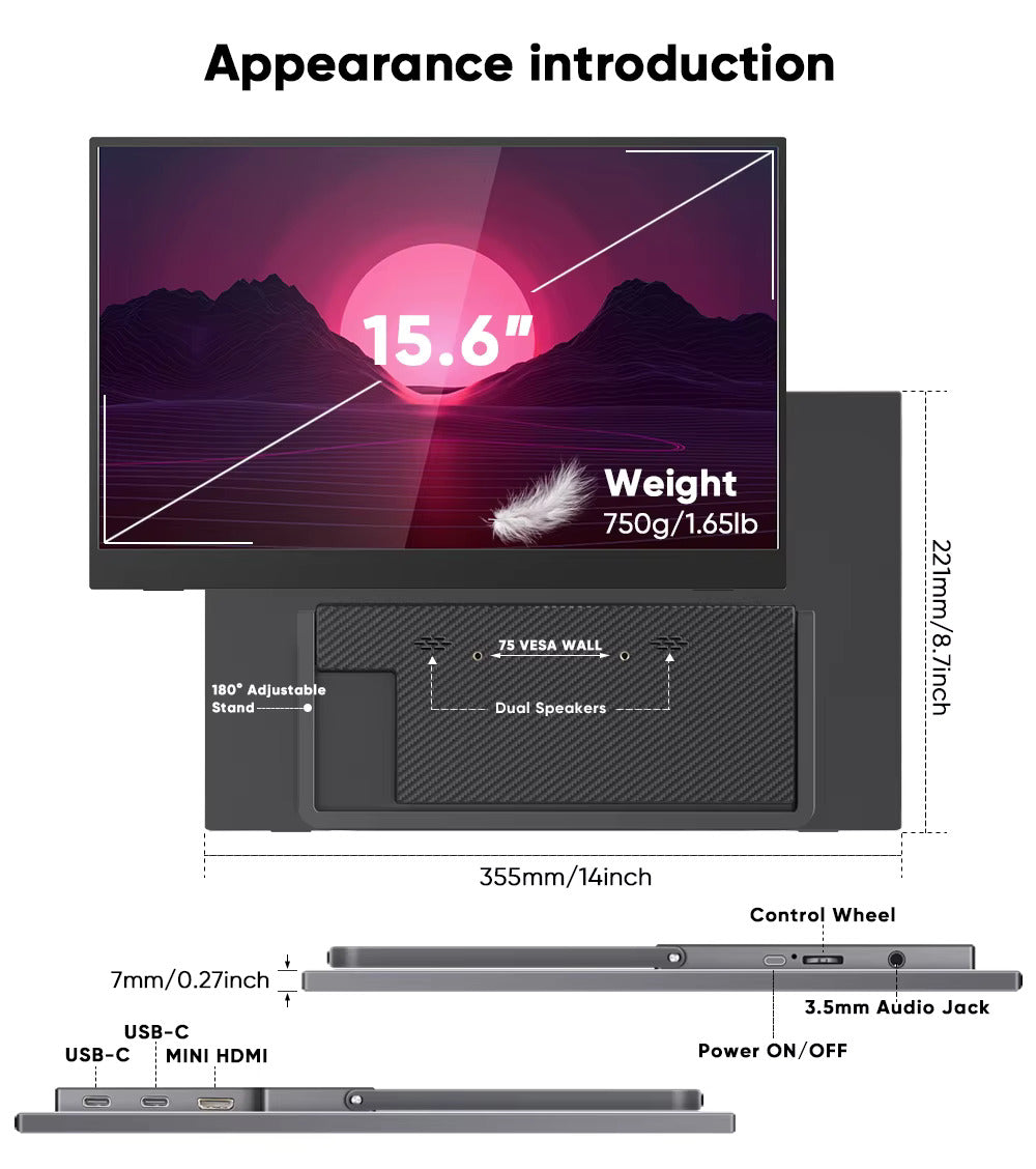 SIBOLAN Monitor touchscreen portatile 15.6 pollici FHD IPS con doppio collegamento USB e supporto integrato per laptop e PC