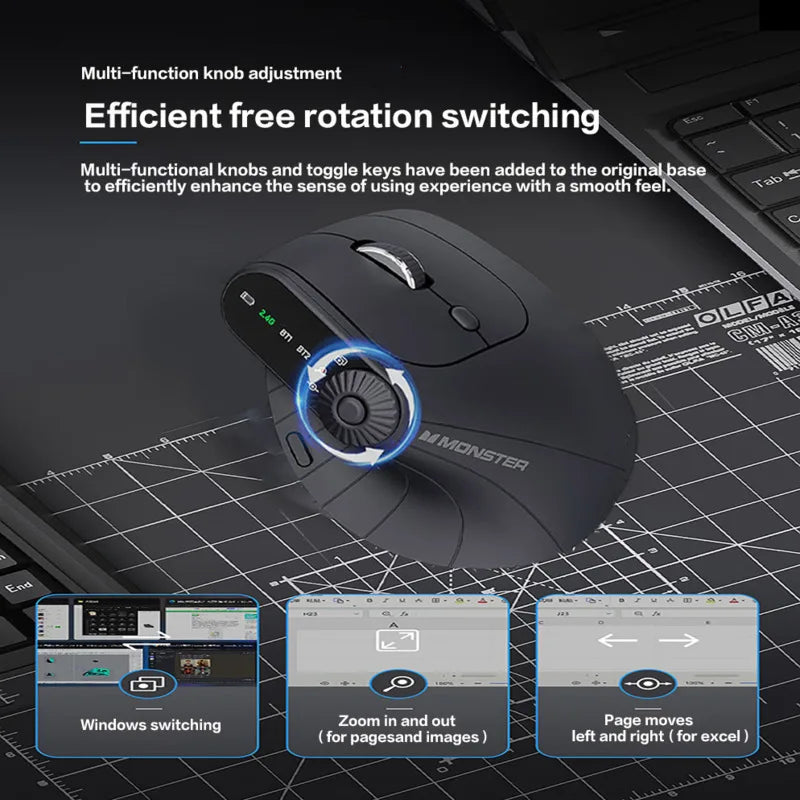 Ergonomic Mouse – Multi-Device Vertical Wireless Mouse with Adjustable Function Knob, Rechargeable, 2.4G & Bluetooth for PC and Tablet