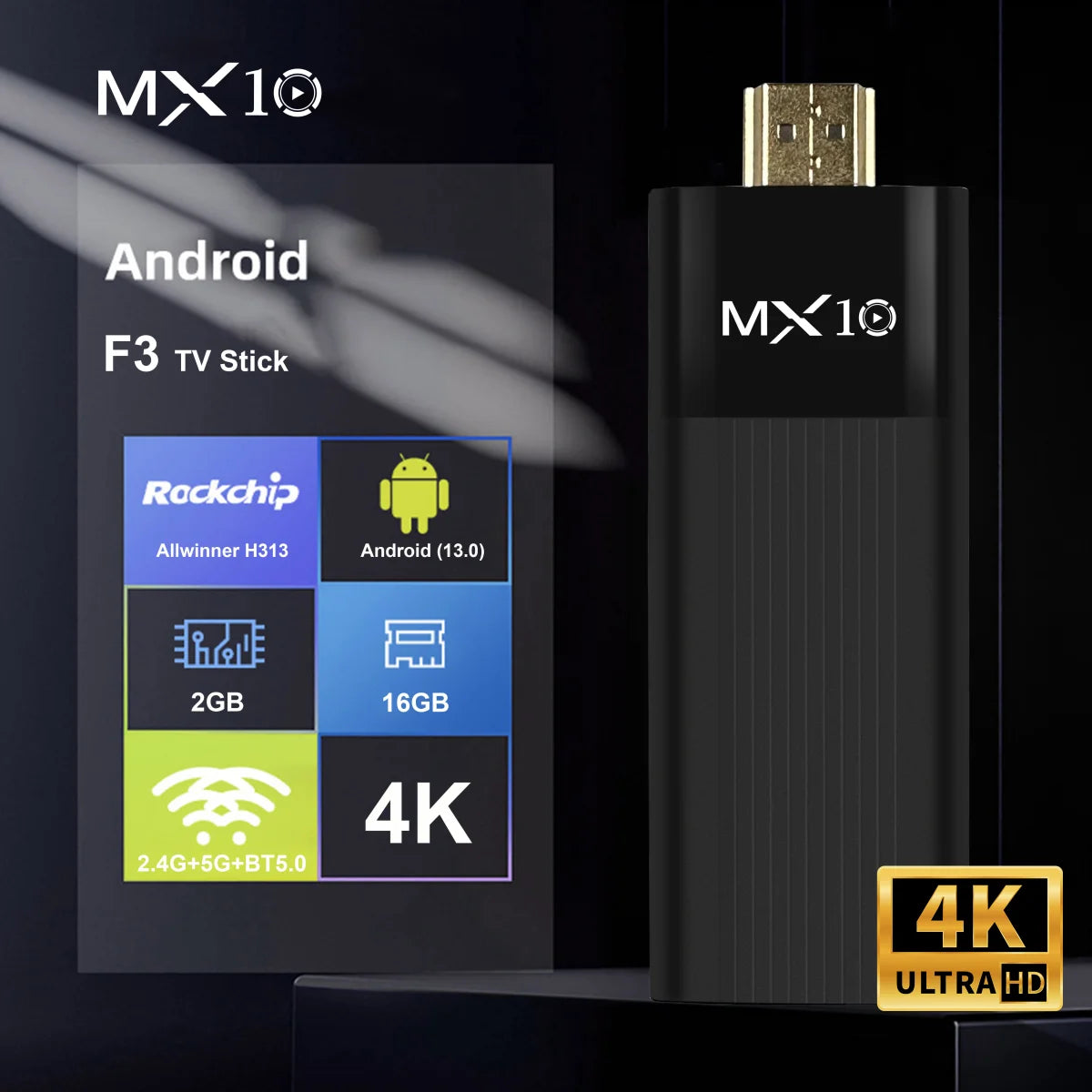 MX10-F3 TV Stick – Android 11 4K con All Winner H313, WiFi Dual-Band 2.4G/5G, 2 GB di RAM, 16 GB di spazio di archiviazione, alternativa TV Box a Fire Stick