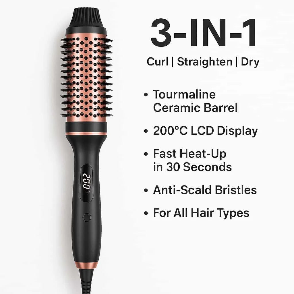 Arricciacapelli 3 in 1, spazzola lisciante, ferro arricciacapelli termico in ceramica, pettine volumizzante con doppio riscaldatore PTC, strumento professionale per lo styling riscaldato