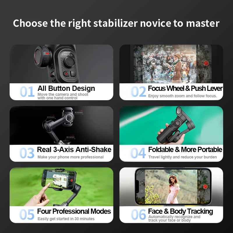 Stabilizzatore cardanico per smartphone – AOCHUAN Supporto portatile a 3 assi con luce di riempimento, tracciamento del viso e modalità vlogging per iPhone e Android (Smart XE)