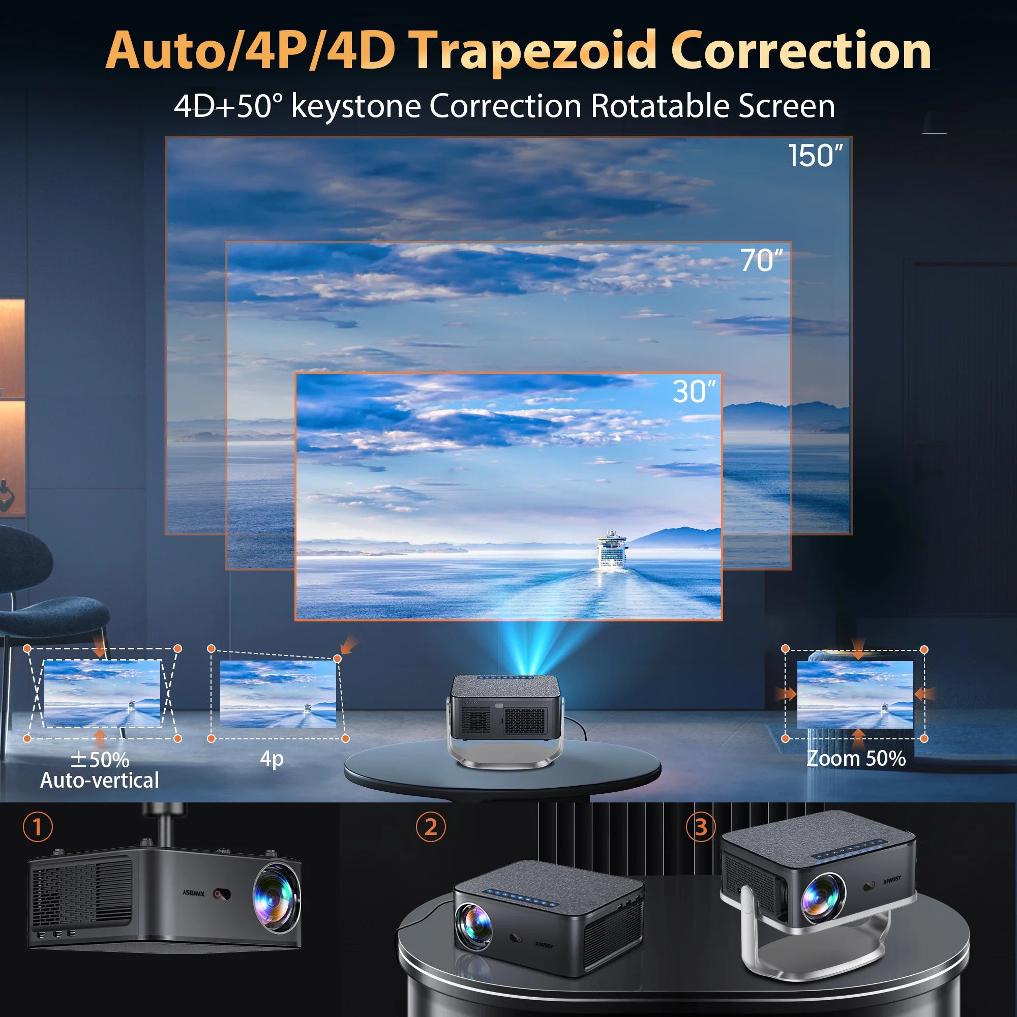 XIWBSY T08 Projector – 35,000 Lumens Daylight Projection, Android 12.0 Smart System, 8K Decode, Autofocus, 2025 Edition