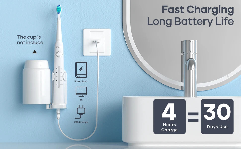 SEAGO Spazzolino Elettrico Sonico – 10 Testine di Ricambio, Ricaricabile tramite USB, Pulizia Profonda dei Denti