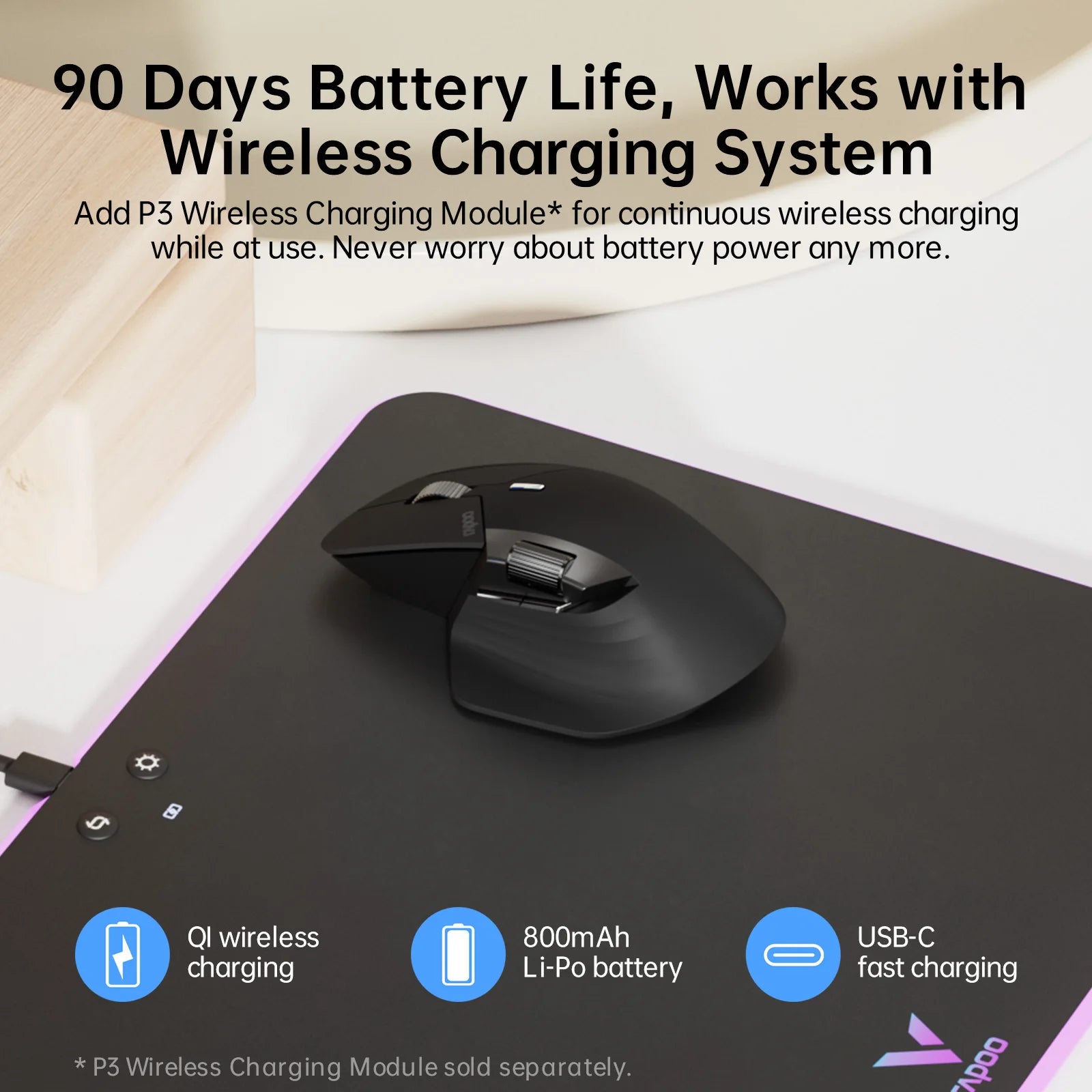 Mouse wireless ergonomico – Mouse ricaricabile multimodale Rapoo MT760L, 4000 DPI, supporta fino a 4 dispositivi tramite Bluetooth e 2.4G