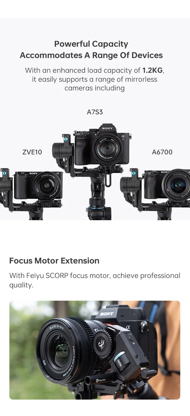 FeiyuTech SCORP Mini 2 – Kit Gimbal, Stabilizzatore a 3 assi per fotocamere mirrorless, smartphone, action cam, con tracciamento AI, luce di riempimento magnetica, carico massimo 1,2 kg
