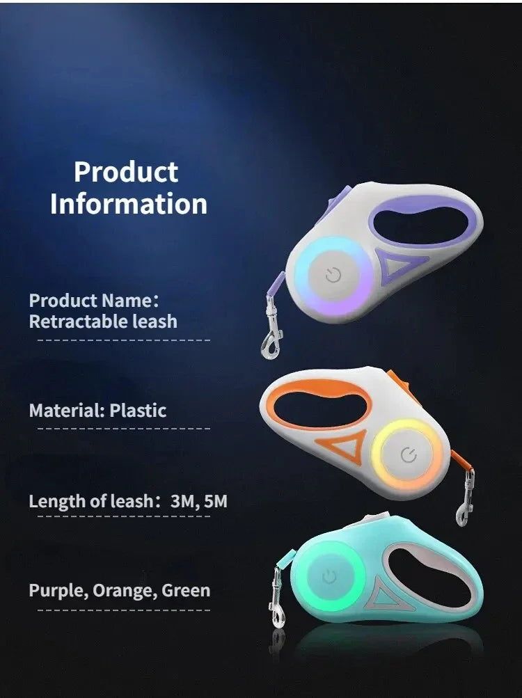Guinzaglio retrattile per cani – Corda automatica da 3 m/5 m con torcia, impugnatura antiscivolo, rotazione a 360° anti-groviglio, blocco con un pulsante per passeggiate notturne
