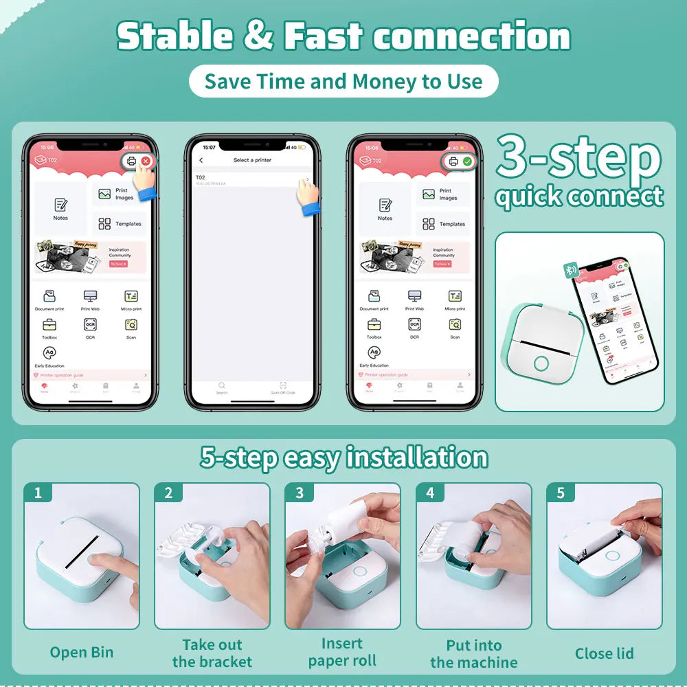 Phomemo Mini Printer – Stampante termica portatile 203 dpi, Bluetooth wireless, cavo USB incluso, stampa foto, etichette, promemoria e liste di cose da fare