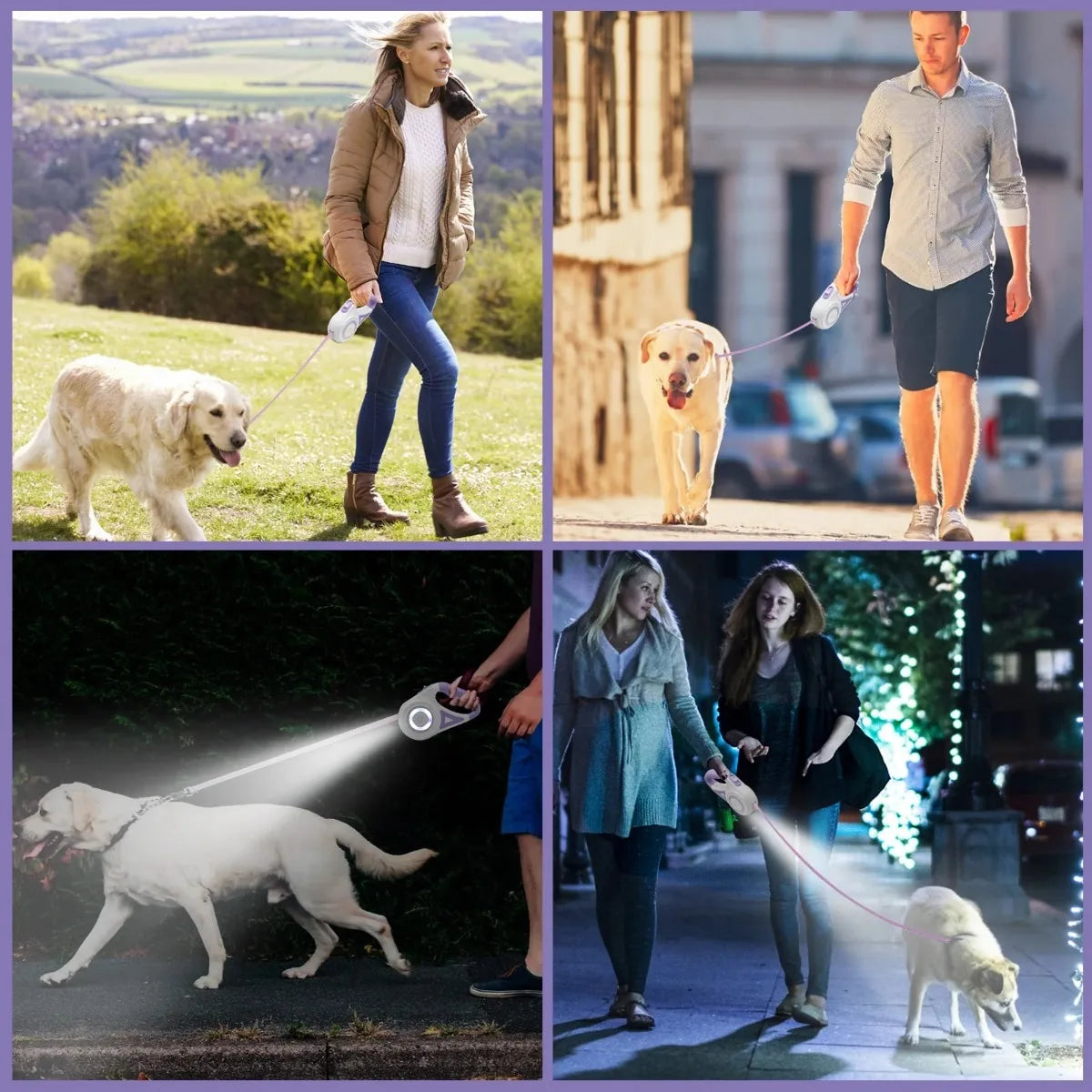 Guinzaglio retrattile per cani – Corda automatica da 3 m/5 m con torcia, impugnatura antiscivolo, rotazione a 360° anti-groviglio, blocco con un pulsante per passeggiate notturne