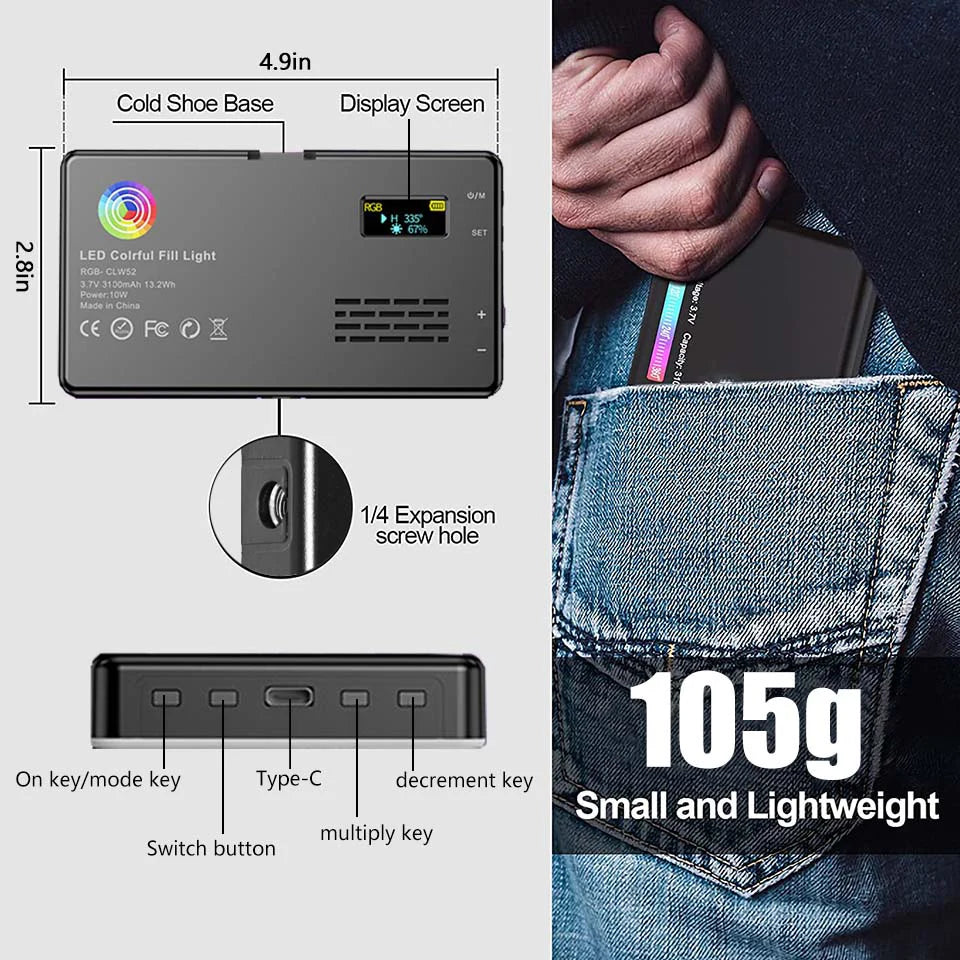 Pannello LED BTFOOR – Luce video RGB con display LCD, CRI95+, temperatura colore 2500–9000K, attacco slitta fredda per vlogging, streaming live, DSLR