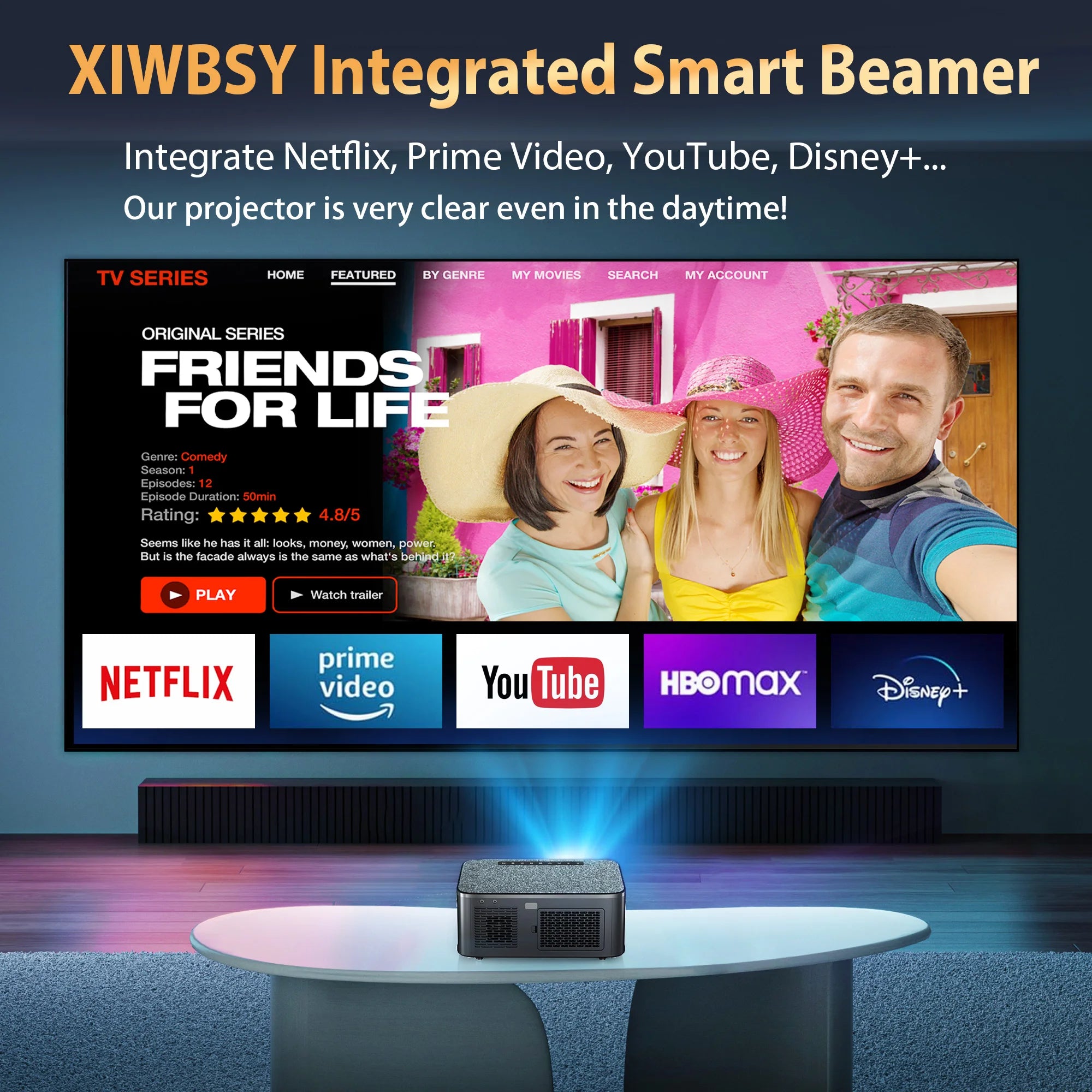 XIWBSY T08 Projector – 35,000 Lumens Daylight Projection, Android 12.0 Smart System, 8K Decode, Autofocus, 2025 Edition