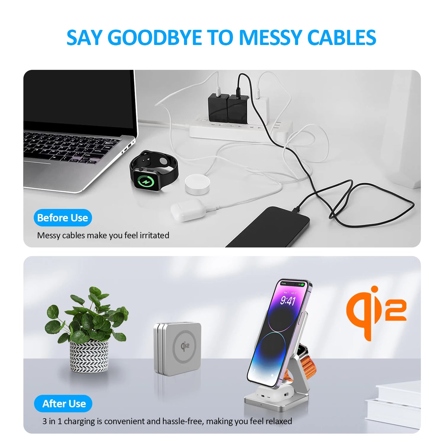 Stazione di ricarica magnetica – Dock di ricarica wireless veloce Qi2 3 in 1 da 15 W per iPhone 16/15/14/13, Apple Watch e AirPods, design pieghevole