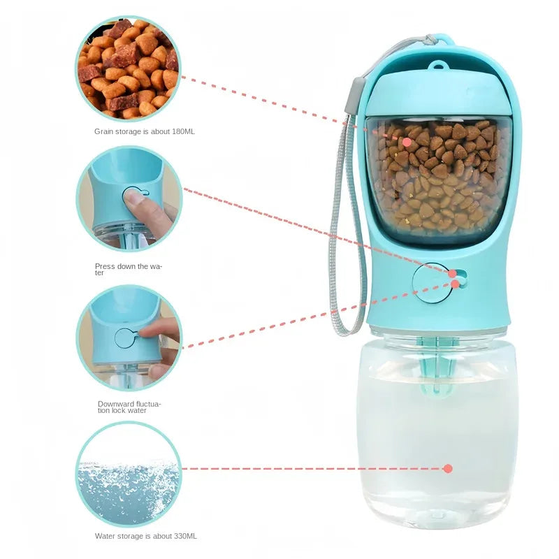 Borraccia Portatile Pet 350ml con Contenitore Cibo e Acqua, Ciotola da Viaggio per Cani e Gatti, Dispenser Antigoccia da Esterno per Cuccioli e Animali di Piccola Taglia