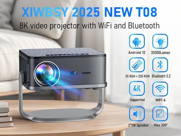 XIWBSY T08 Projector – 35,000 Lumens Daylight Projection, Android 12.0 Smart System, 8K Decode, Autofocus, 2025 Edition