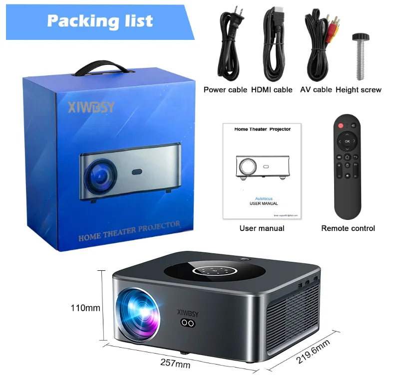 Proiettore XIWBSY – LED Android 4K, 800 ANSI, 25.000 lumen, WiFi 6 e Bluetooth, messa a fuoco automatica e Keystone, sistema video home theater