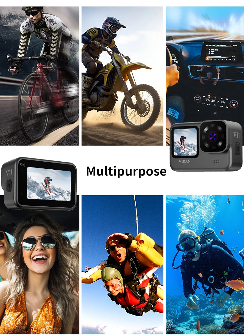 Action Cam VIRAN – Videocamera sportiva Wi-Fi 5K e 4K60FPS con stabilizzatore d'immagine, corpo impermeabile, telecomando, doppio schermo, registratore Pro Drive