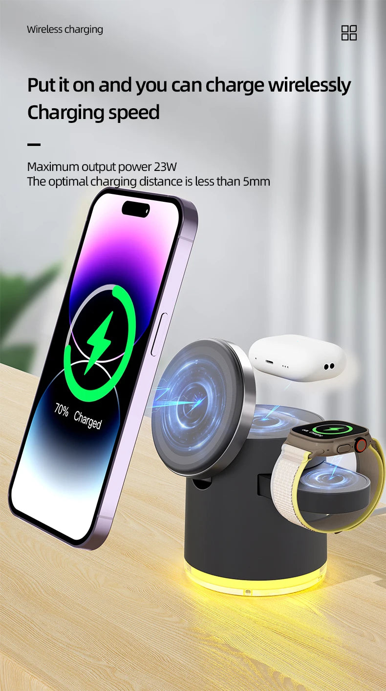Wireless Charger Dock 4 in 1 Fast Charging Stand with Night Light, MagSafe iPhone 17/16/15/14 Pro Max, Apple Watch, and AirPods Pro 2–8