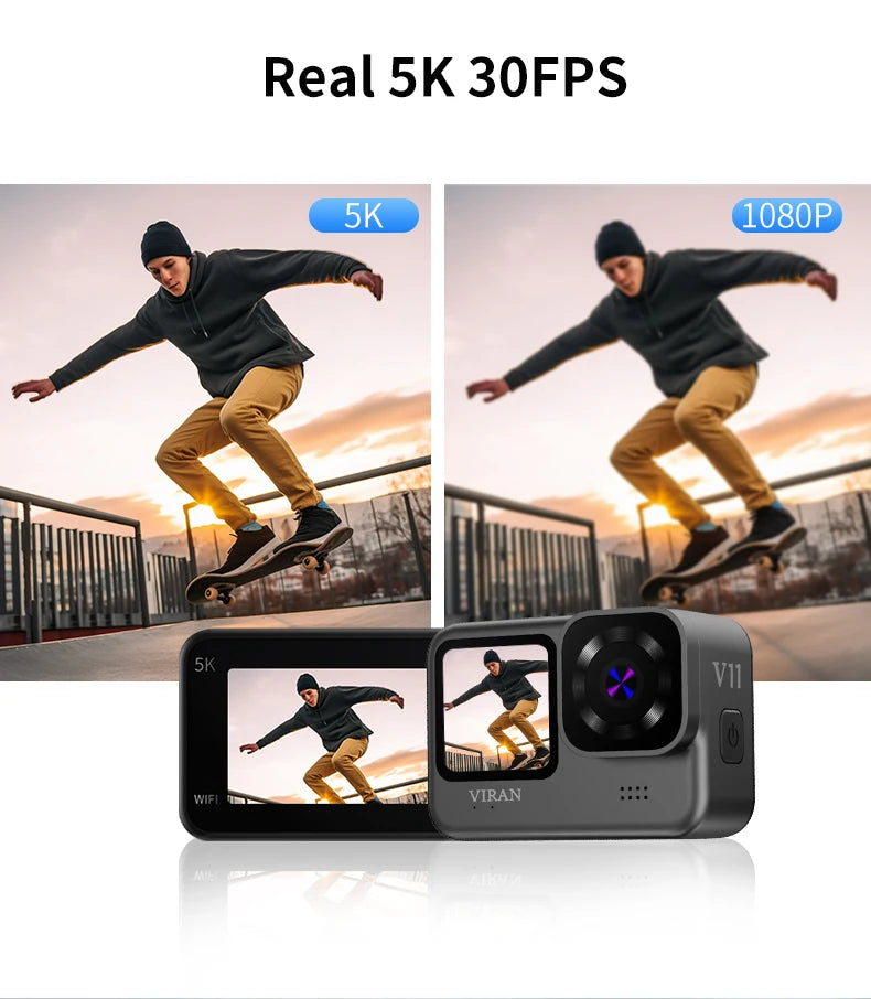 Action Cam VIRAN – Videocamera sportiva Wi-Fi 5K e 4K60FPS con stabilizzatore d'immagine, corpo impermeabile, telecomando, doppio schermo, registratore Pro Drive