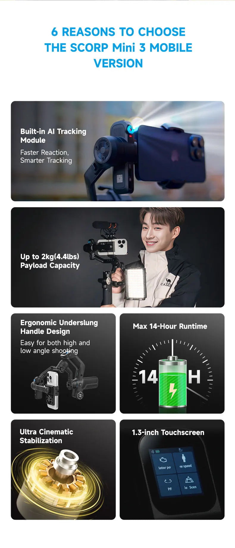 FeiyuTech Stabilizer Mini – Gimbal per smartphone a 3 assi con tracciamento AI, modulo intelligente integrato per fotocamere Mini 3 e Mini 3 Pro