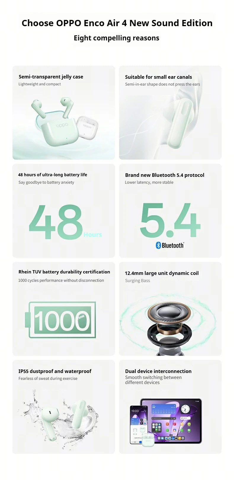 OPPO Enco Air4 – Earphones Wireless Bluetooth 5.4, AI Noise Reduction, IP55 Waterproof, Low Latency, New Sound Version