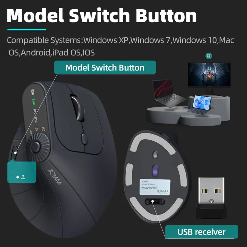 Ergonomic Mouse – Multi-Device Vertical Wireless Mouse with Adjustable Function Knob, Rechargeable, 2.4G & Bluetooth for PC and Tablet