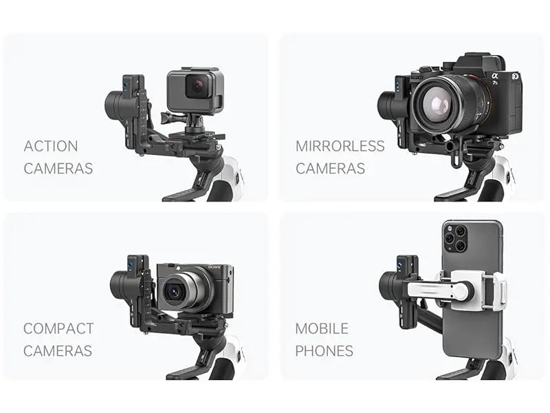 FeiyuTech SCORP Mini 2 – Kit Gimbal, Stabilizzatore a 3 assi per fotocamere mirrorless, smartphone, action cam, con tracciamento AI, luce di riempimento magnetica, carico massimo 1,2 kg