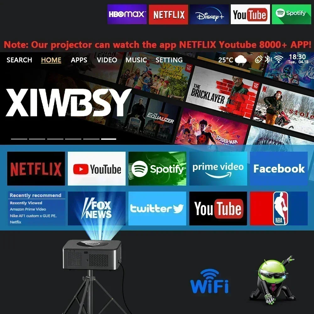 Proiettore XIWBSY – LED Android 4K, 800 ANSI, 25.000 lumen, WiFi 6 e Bluetooth, messa a fuoco automatica e Keystone, sistema video home theater