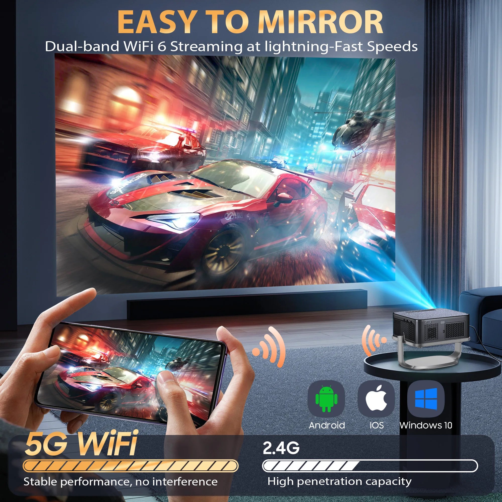 XIWBSY T08 Projector – 35,000 Lumens Daylight Projection, Android 12.0 Smart System, 8K Decode, Autofocus, 2025 Edition