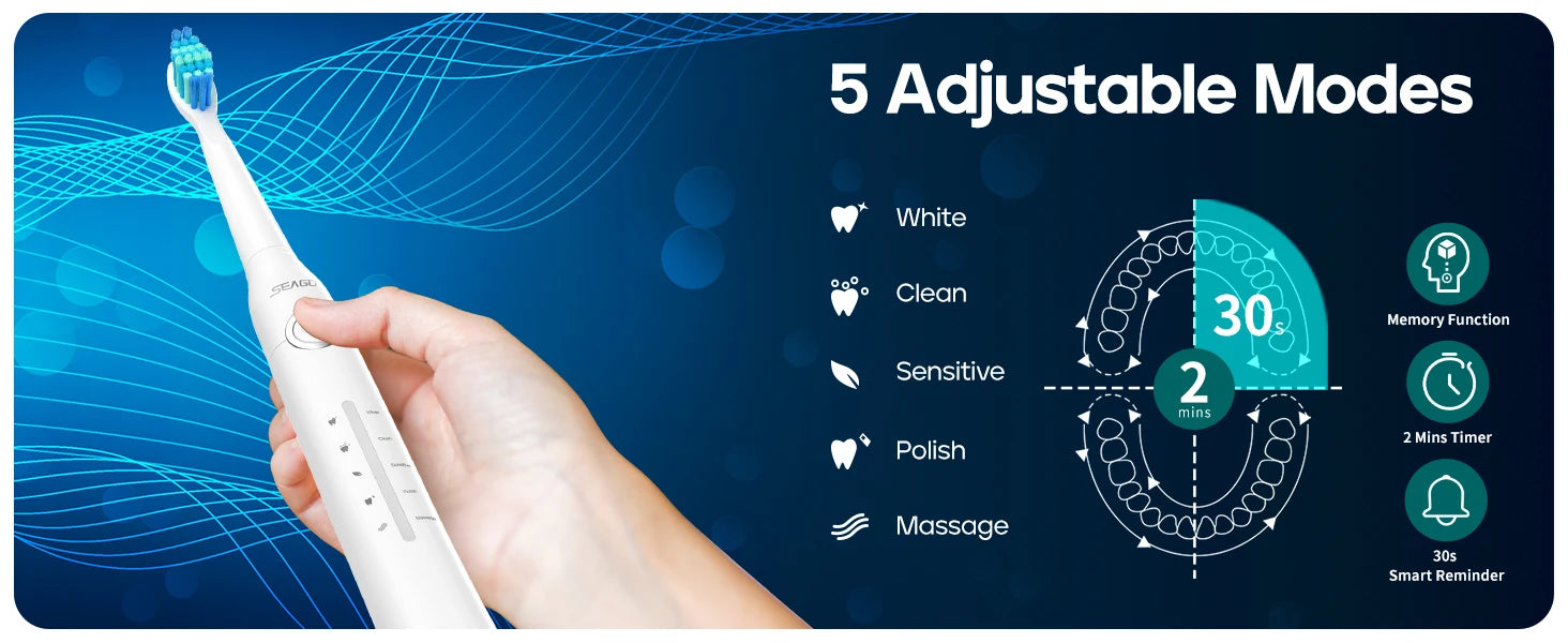 SEAGO Sonic Electric Toothbrush - 8 Replacement Heads, USB Rechargeable, Deep Teeth Cleaning