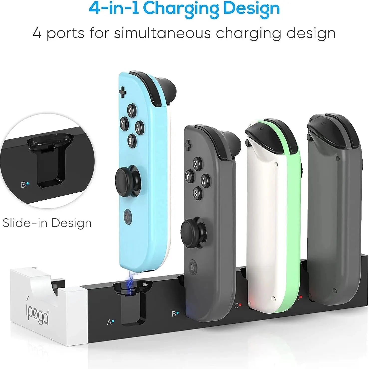 Caricabatterie IPEGA Joycon – Dock Station PG-9186 per Nintendo Switch e OLED | Carica 4 controller contemporaneamente | Display di stato compatto e LED